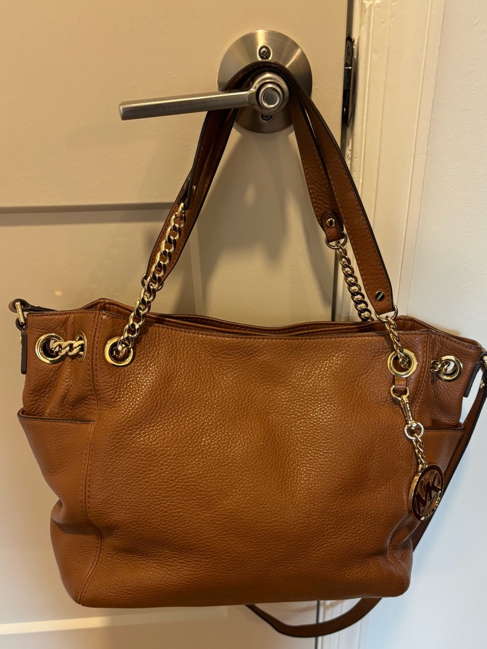 Michael Kors Tan Leather Shoulder Tote with Gold Chain Straps